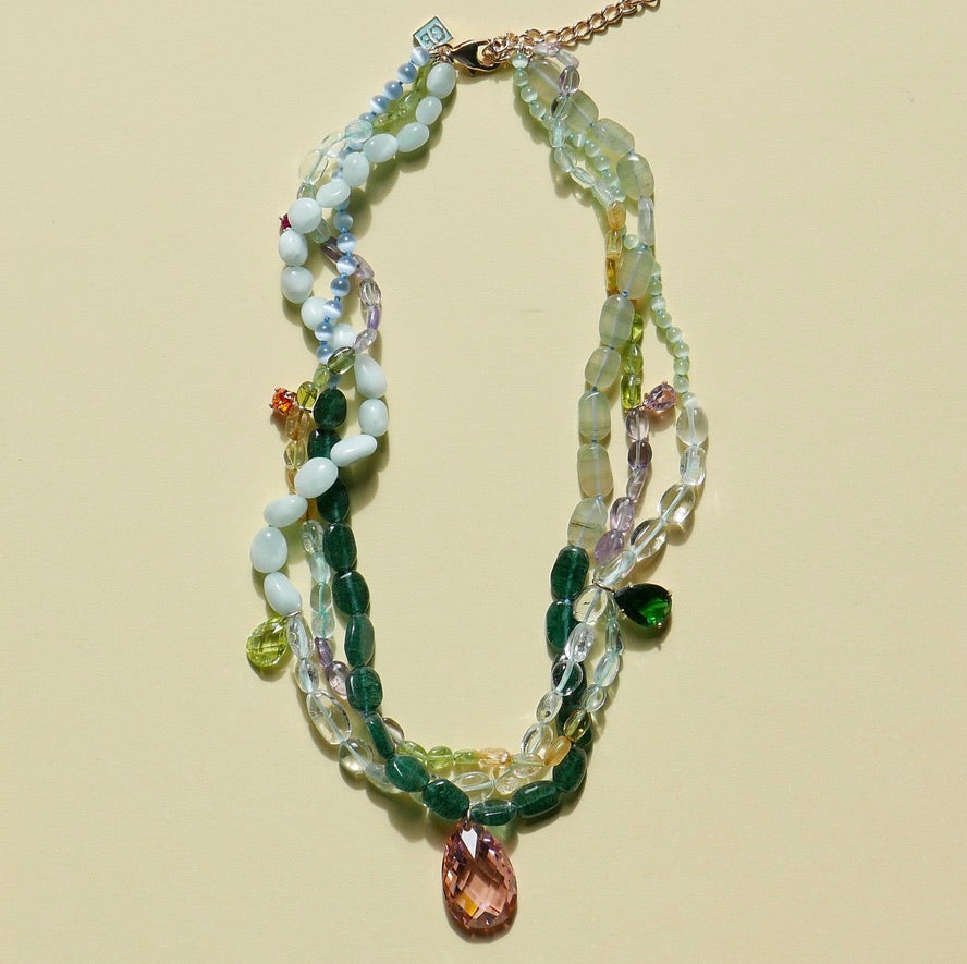 Green Beans Triple Necklace with a Pink Pendant