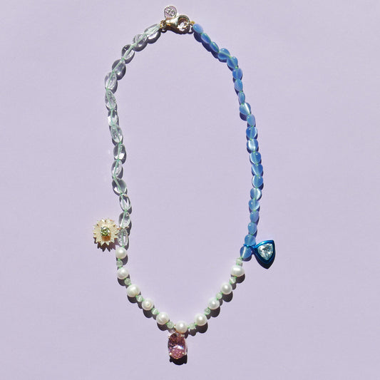 Green & Blue Necklace with a Pink Pendant