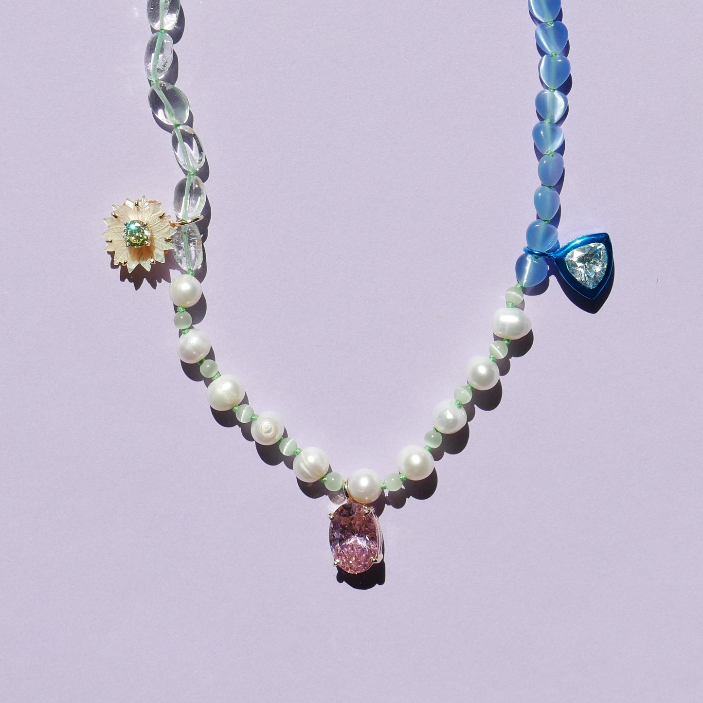 Green & Blue Necklace with a Pink Pendant