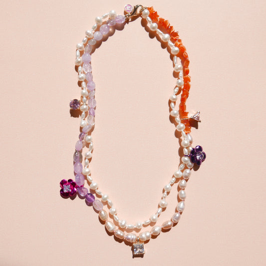 Purple & Orange Double Necklace with Electrifying Flowers