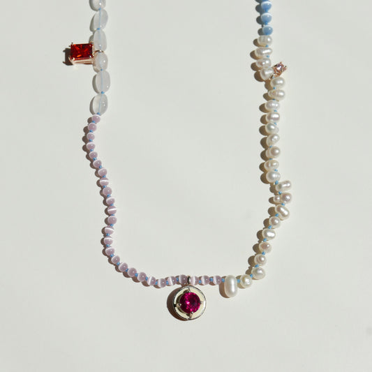 Light Tone Pearl Necklace with an Enamel Pendant