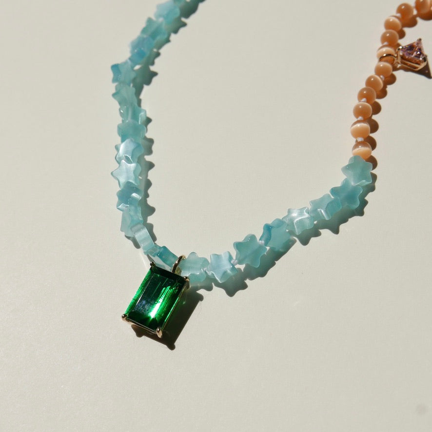Aqua Blue & Orange Necklace with a Green Pendant
