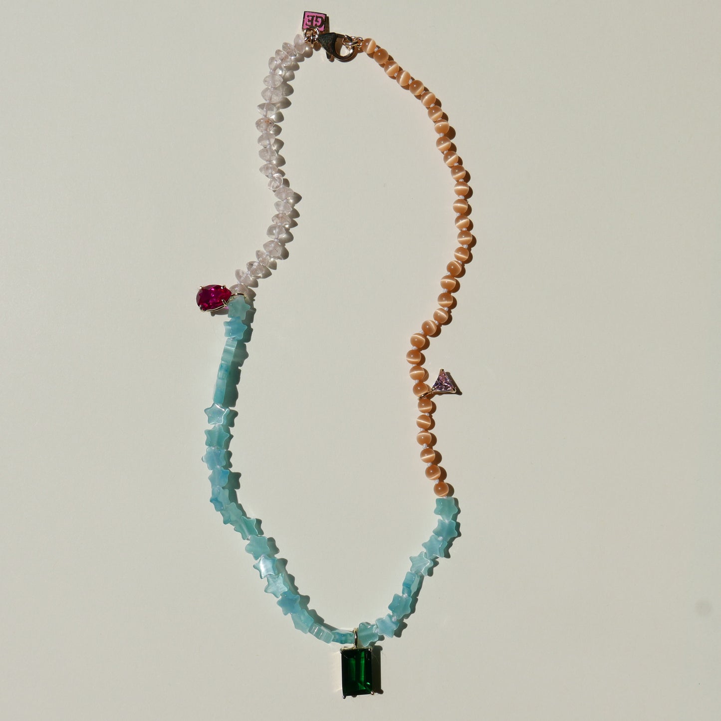 Aqua Blue & Orange Necklace with a Green Pendant