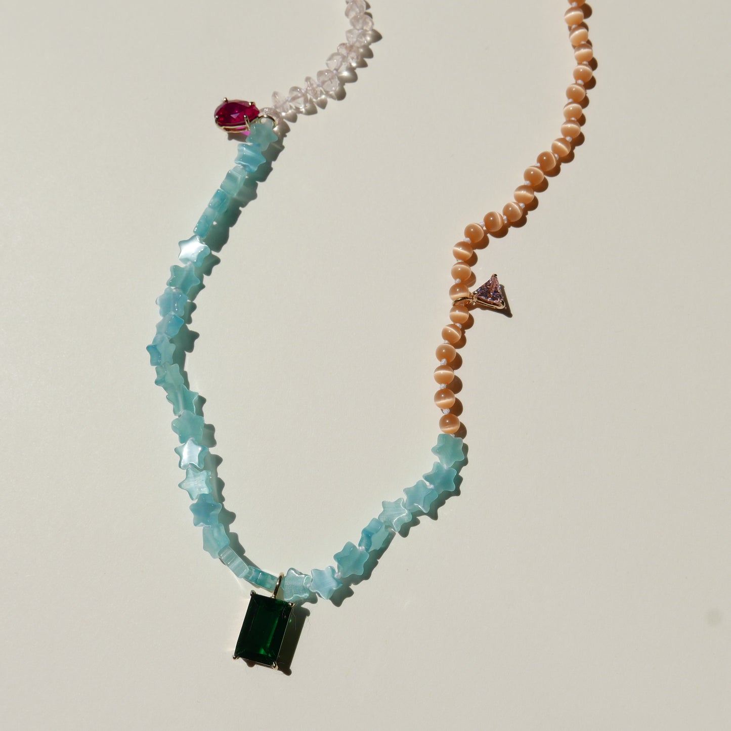 Aqua Blue & Orange Necklace with a Green Pendant