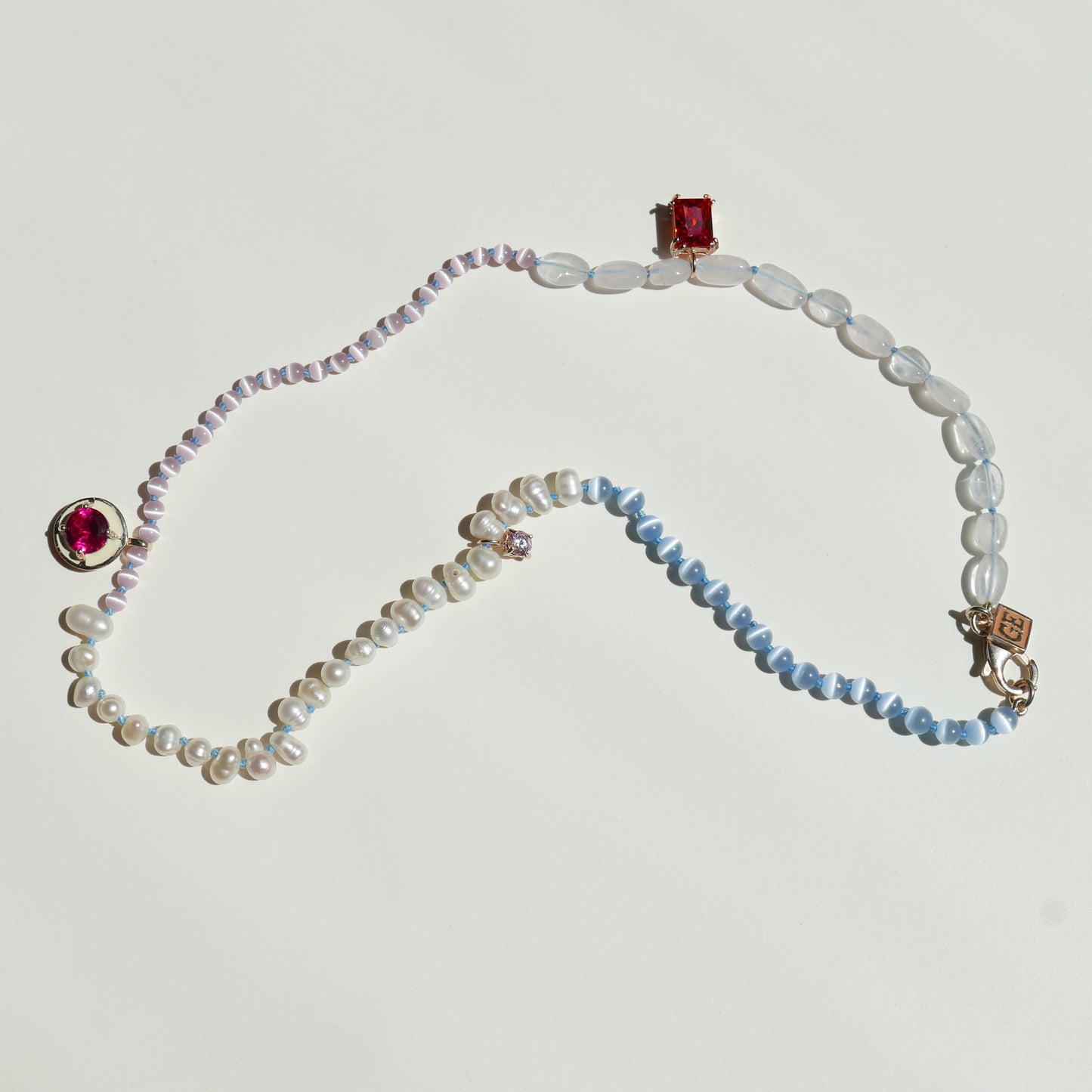 Light Tone Pearl Necklace with an Enamel Pendant