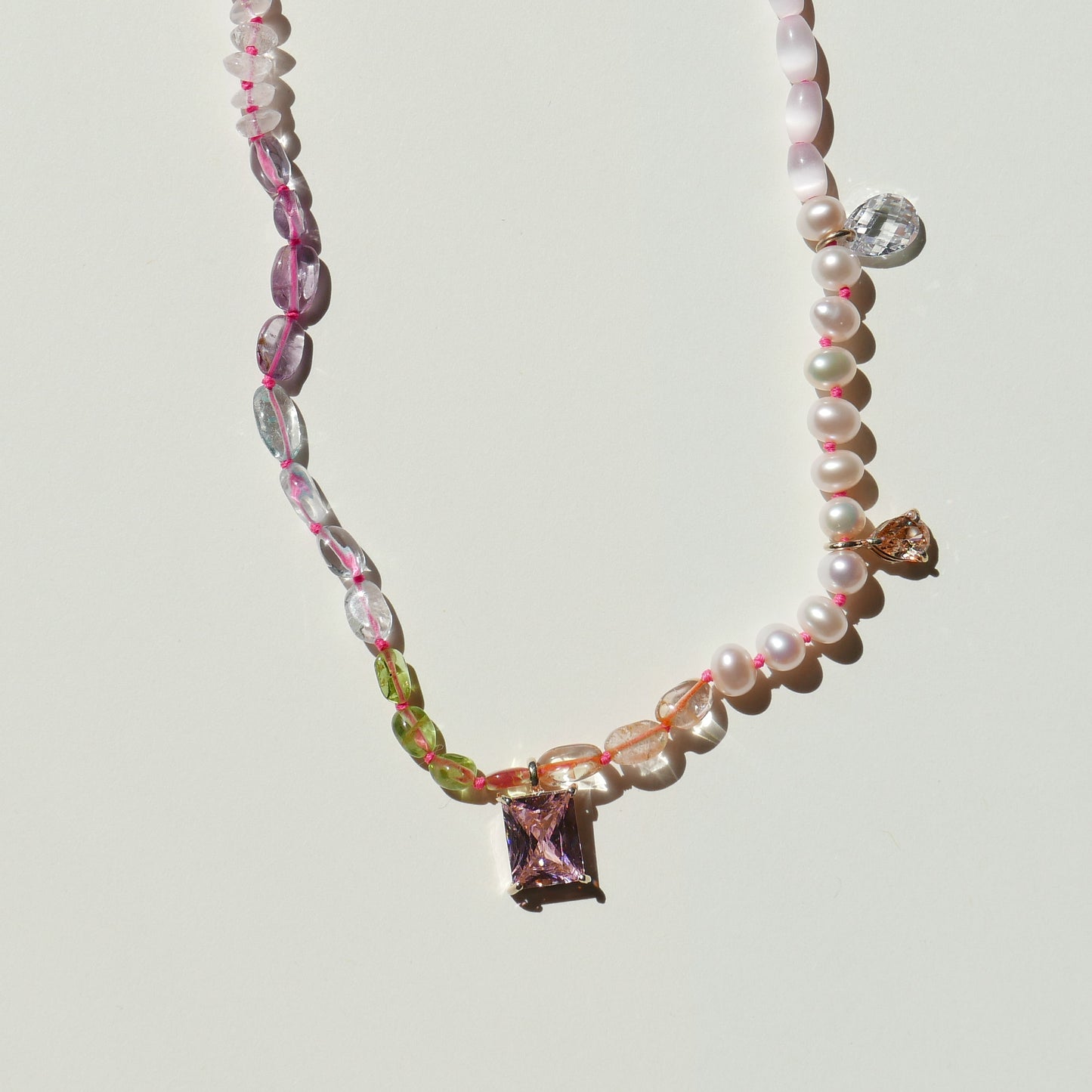 Pearl Necklace with a Pink Pendant 2