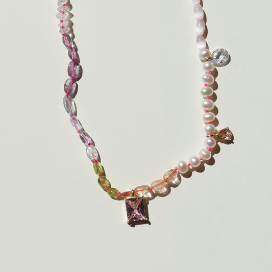 Pearl Necklace with a Pink Pendant 2