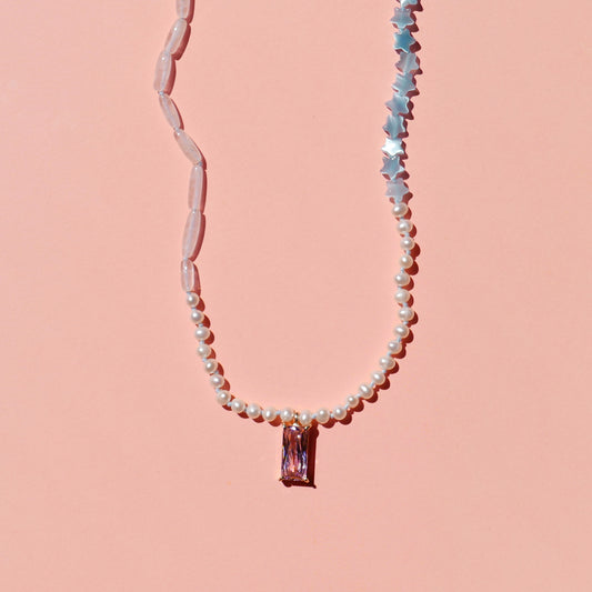 Pearl Necklace with a Pink Pendant 1