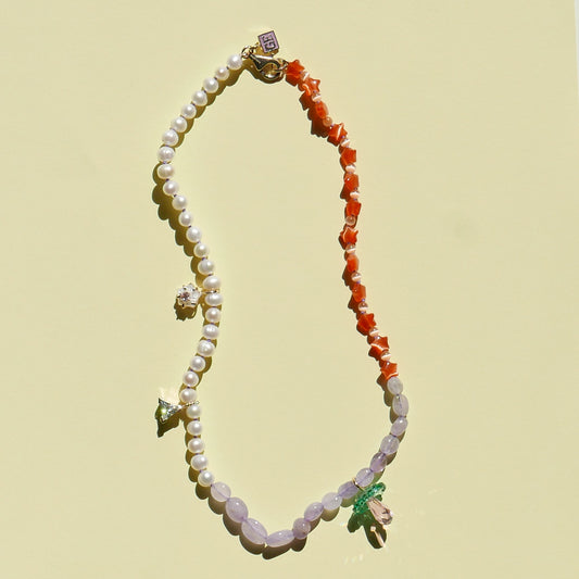 Multi-Color Pearl Necklace with a Mushroom