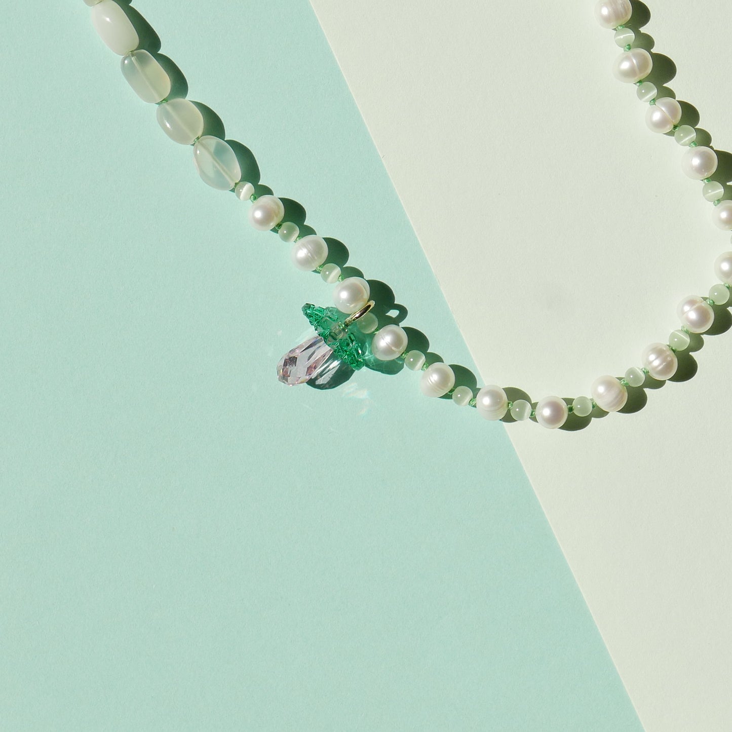 Green Pearl Necklace with a Mushroom & Electrifying Flower