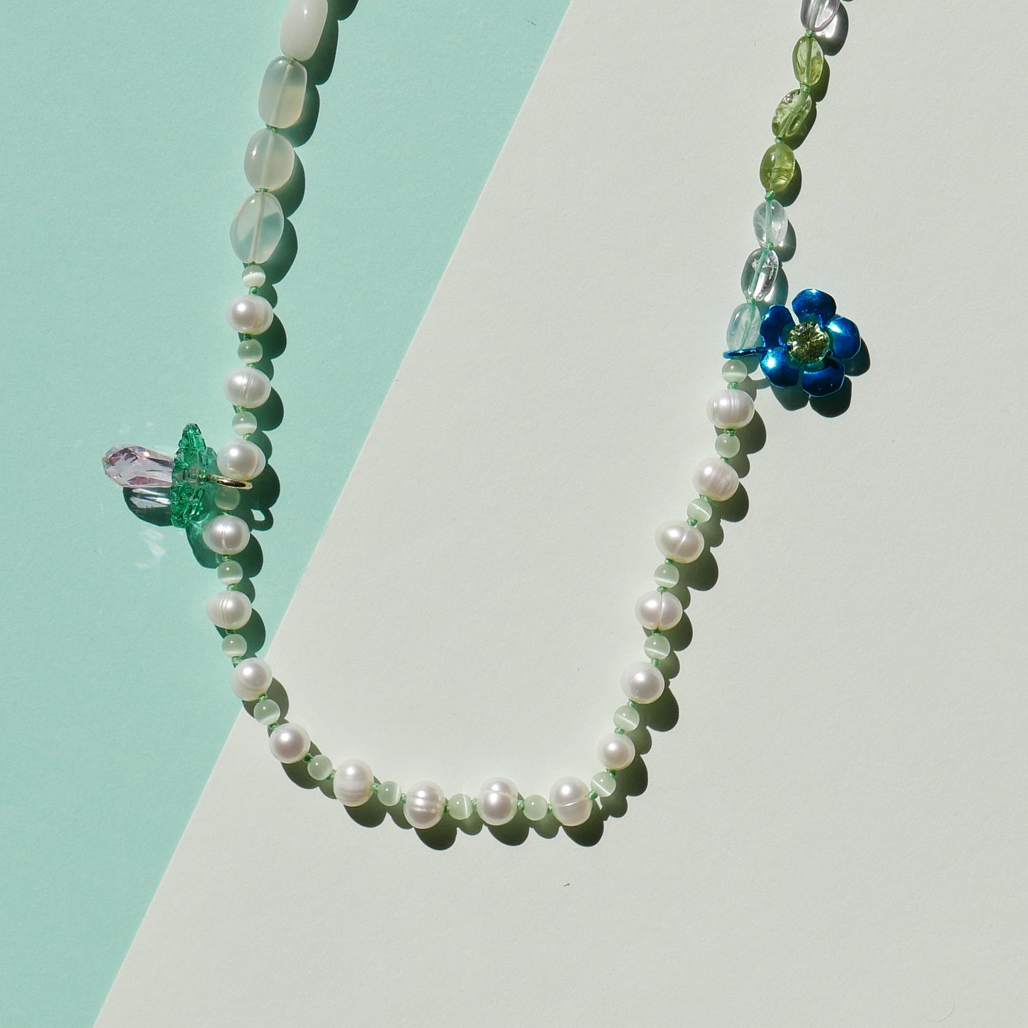 Green Pearl Necklace with a Mushroom & Electrifying Flower