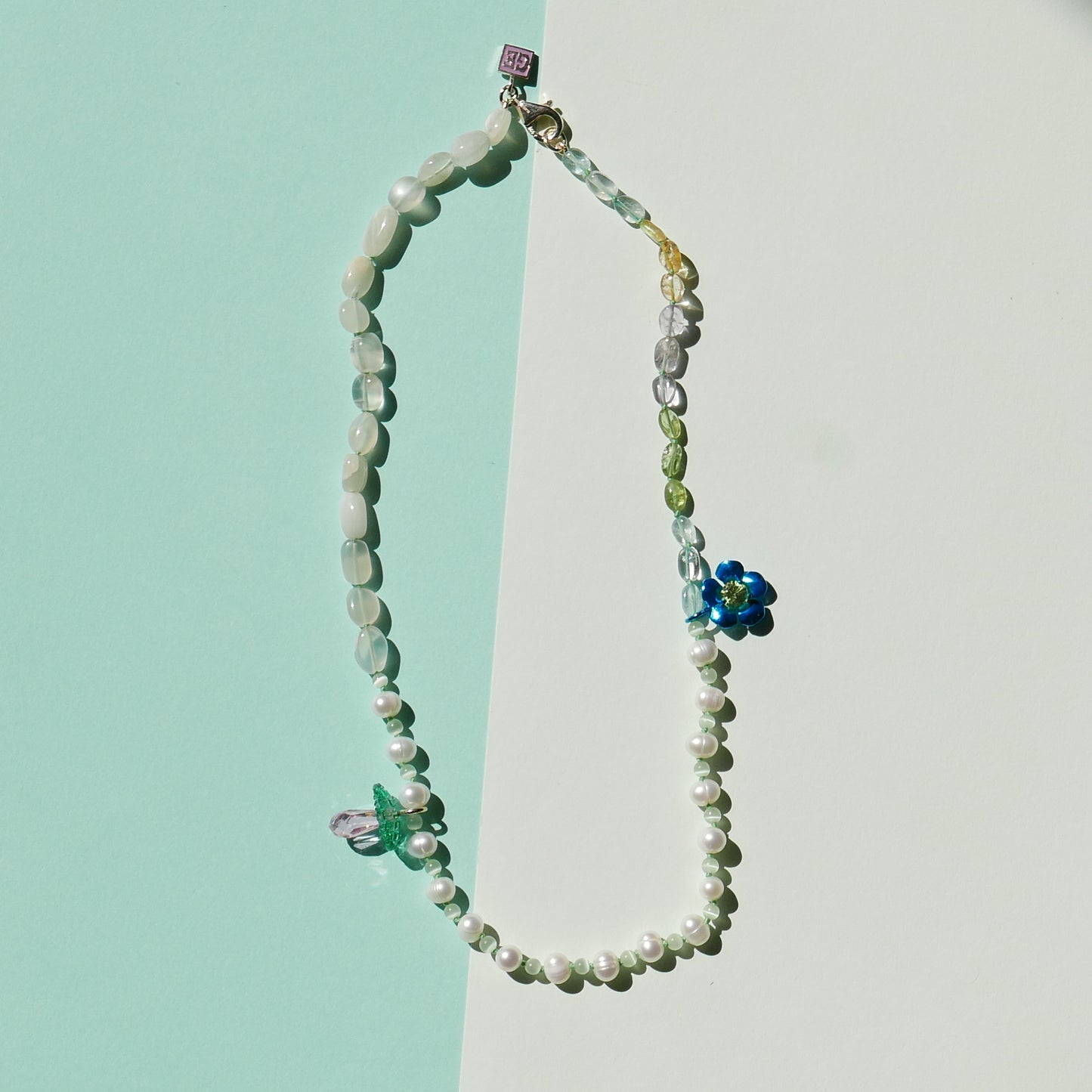 Green Pearl Necklace with a Mushroom & Electrifying Flower