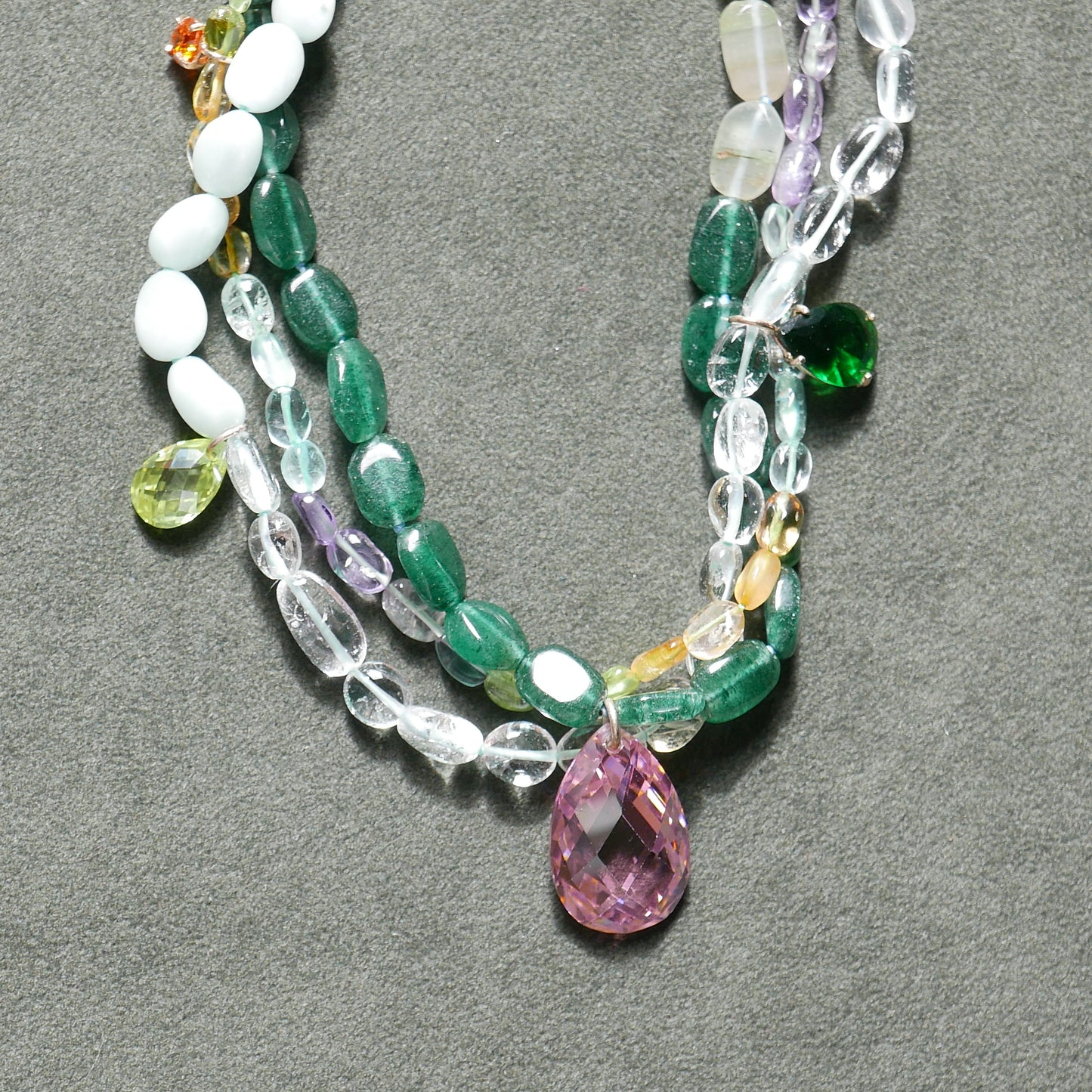 Green Beans Triple Necklace with a Pink Pendant