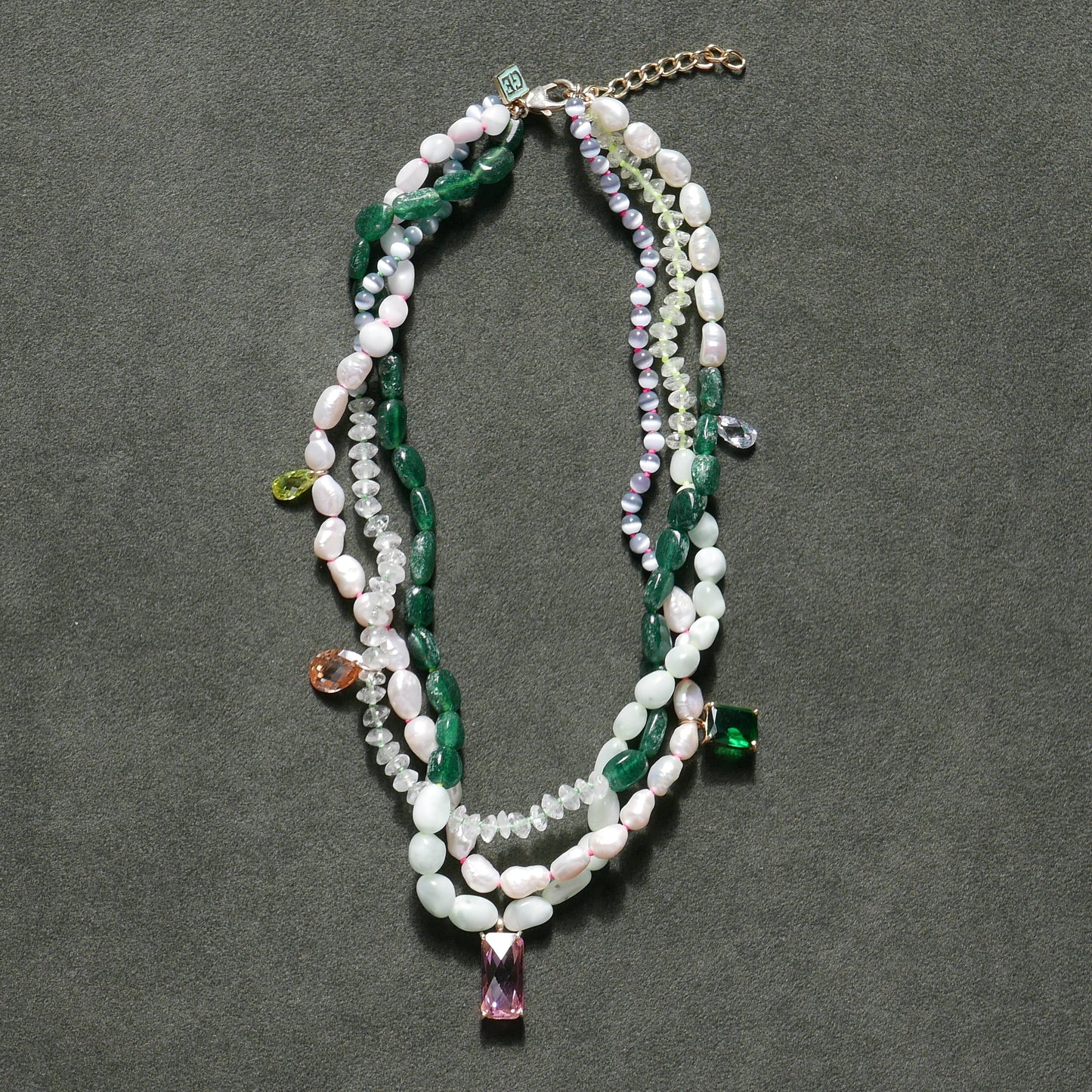 Green Tone Necklace with a Pink Pendant