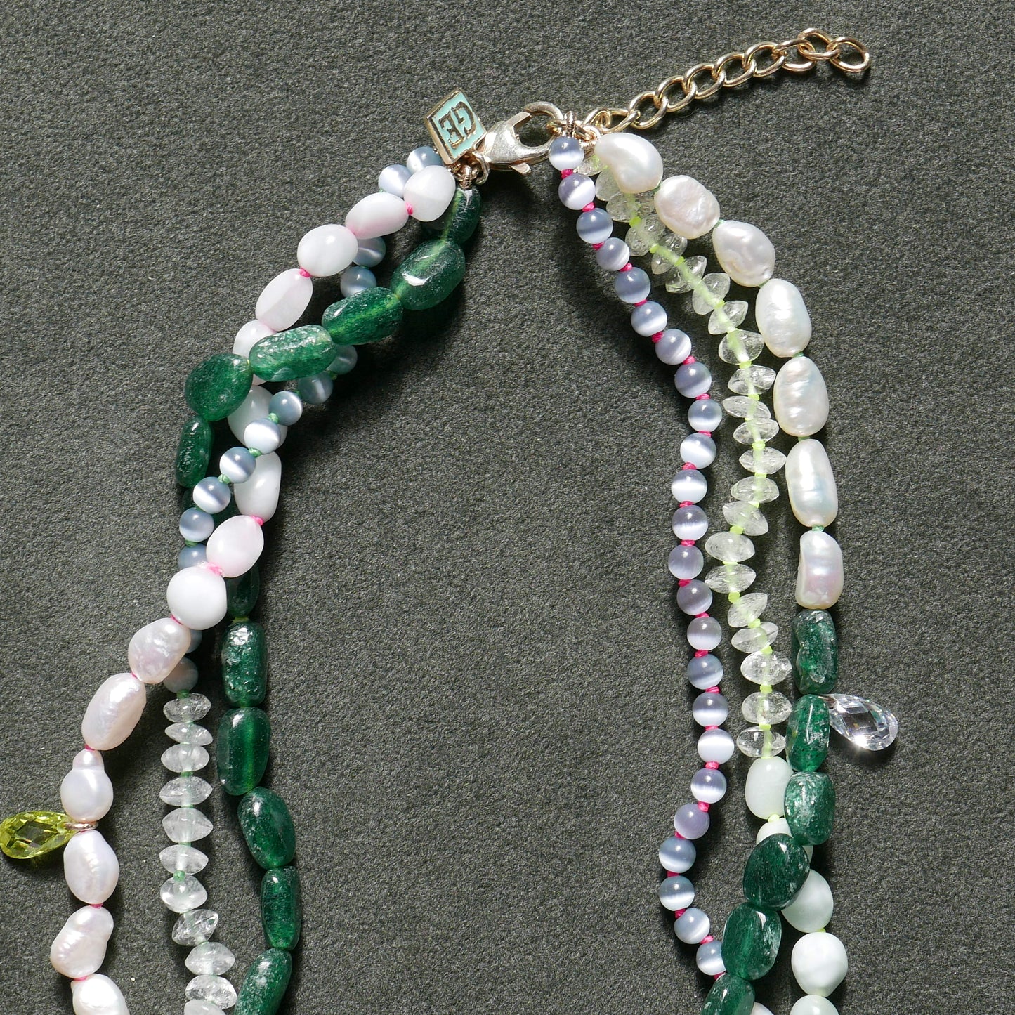 Green Beans Triple Necklace with a Pink Pendant