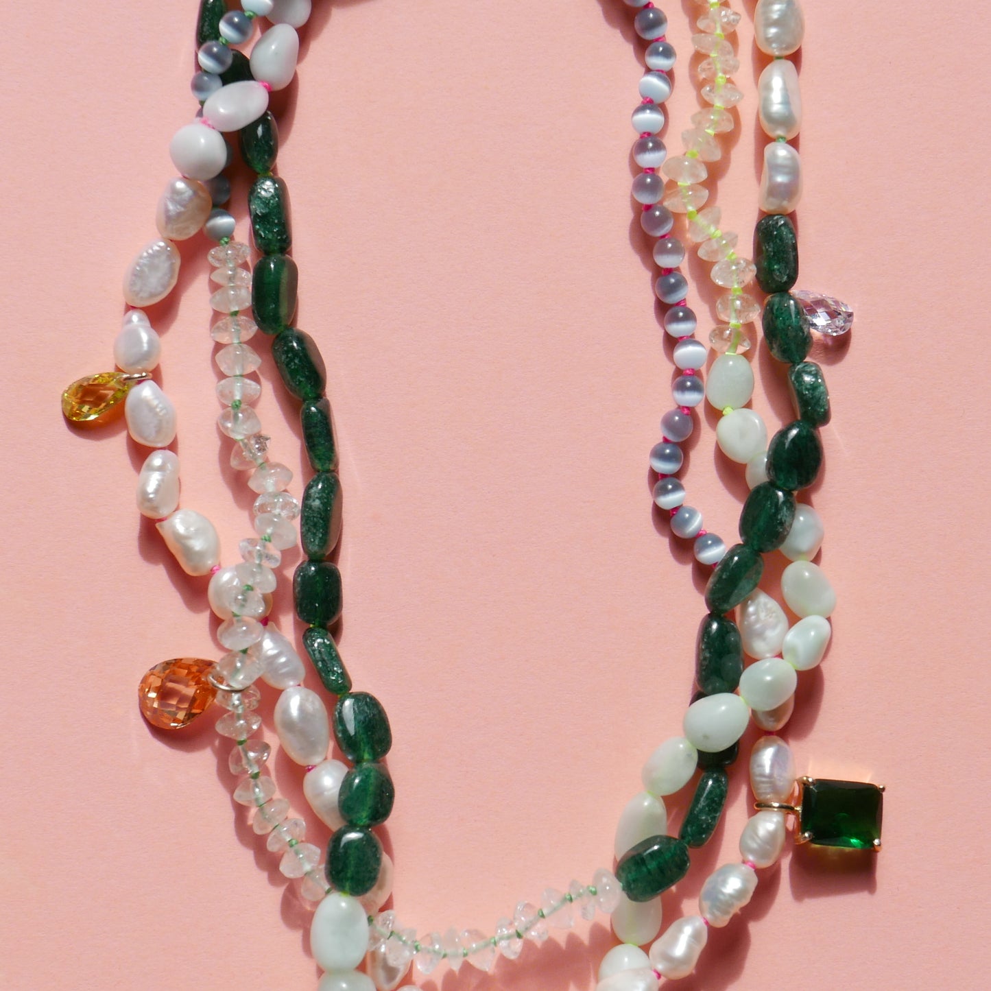 Green Tone Necklace with a Pink Pendant