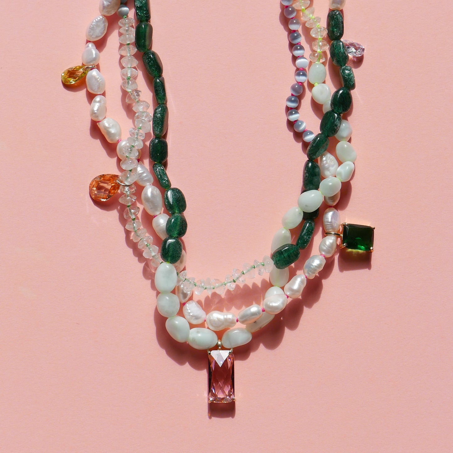 Green Tone Necklace with a Pink Pendant